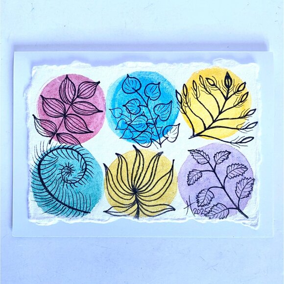 Watercolor Dots Leaves Original Art Handmade 5x7in Blank Greeting Card Envelope - Picture 1 of 4